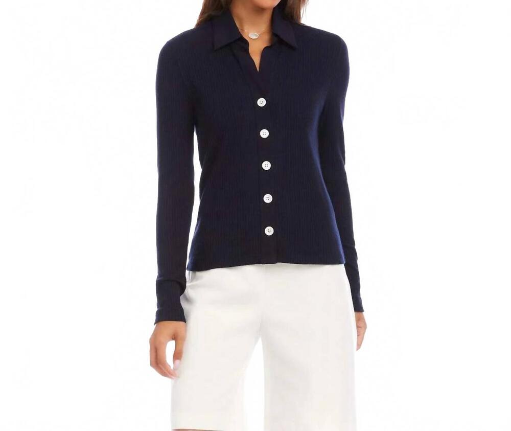 NEW KAREN KANE ribbed long sleeve button front top in navy